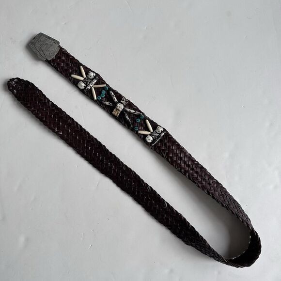 Vintage Braided Leather Belt Womens M/L Brown Shells Turquoise Indie Boho Hippie - Picture 3 of 10